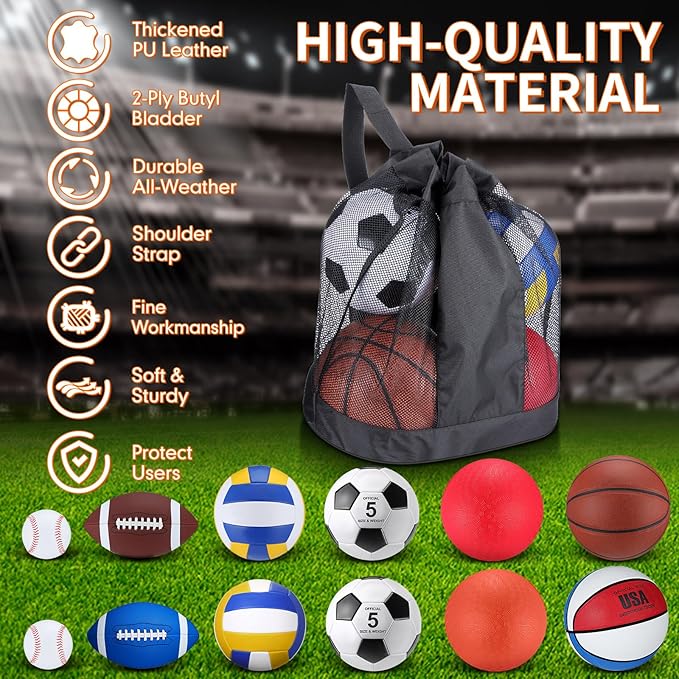 Deekin 12 Pcs Assorted Sport Ball Set Official Size Basketball Football Volleyball Soccer Baseball Playground Ball with Bag and Pump for Youth Adult Gifts