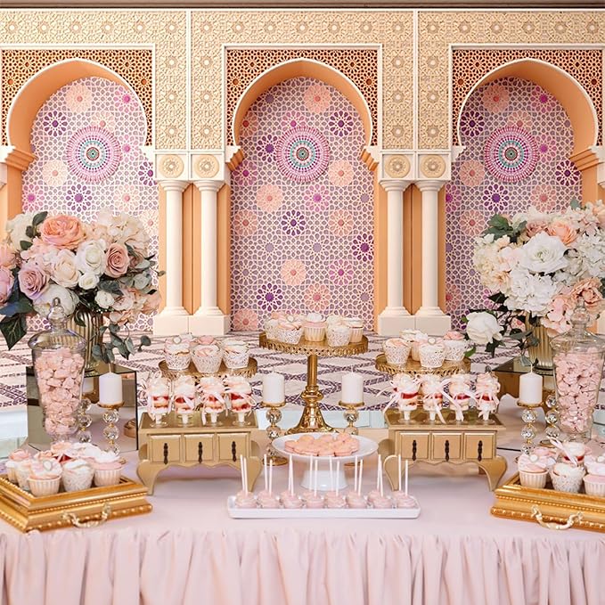 Baocicco 9x6ft Vinyl Moroccan Palace Backdrops for Photoshoot Orange Vintage Mandala Column and Arch Middle Eastern Style Photography Background Moroccan Birthday Wedding Party Decorations Photo