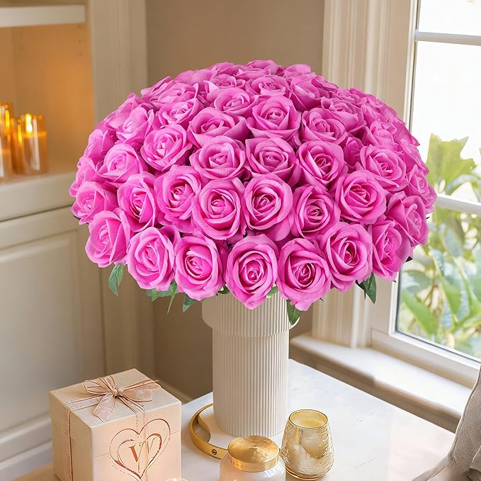 50 PCS Roses Artificial Flowers, Fake Roses with Stem Realistic Hot Pink Silk Rose for DIY Wedding Bouquets Table Centerpieces Arrangements Baby Shower Birthday Home Decor Valentine's Day Gift for Her