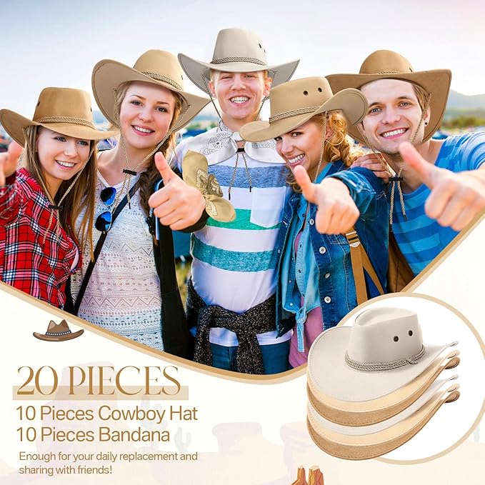 Coume 10 Set Cowboy Hat and Bandana for Women Men 10 Felt Cowgirl Cowboy Hat Bulk 10 Western Bandanas for Adult Costume Party