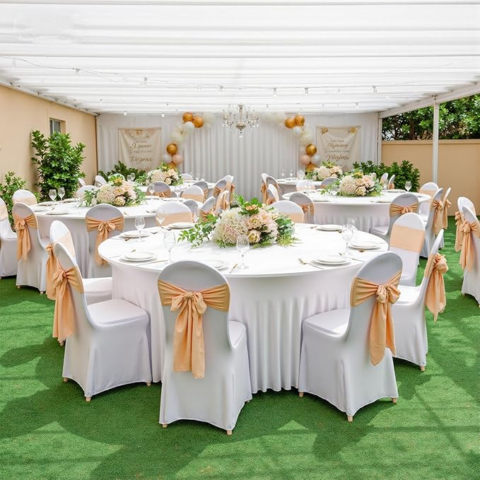 6 Pack Ivory Spandex Round Tablecloths for 60 inch Tables, Wrinkle Free Stretchy Fitted 120inch Round Table Covers 5FT with Ruffle Table Skirt for Wedding Party Dining Banquet Dinning