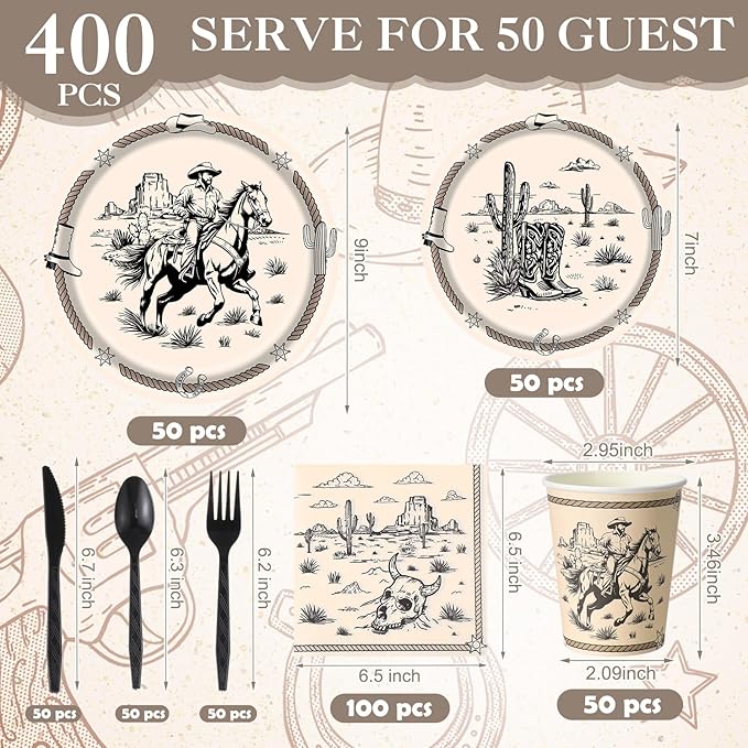 Pickmesh 400 Pcs Western Cowboy Party Plates and Napkin Decoration Wild West Rodeo Tableware Cups Knives for Rodeo Bachelorette and Wild Cowboy Birthday Party Supplies Serve 50