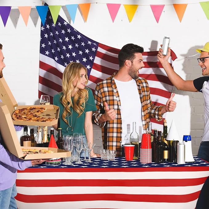 Oudain 2 Pcs Memorial Day Star Stretch Table Cover 6 Feet Patriotic Red White and Blue Spandex Table Clothes American Star Party Decorations for Independence Day Veterans Events Party Celebration