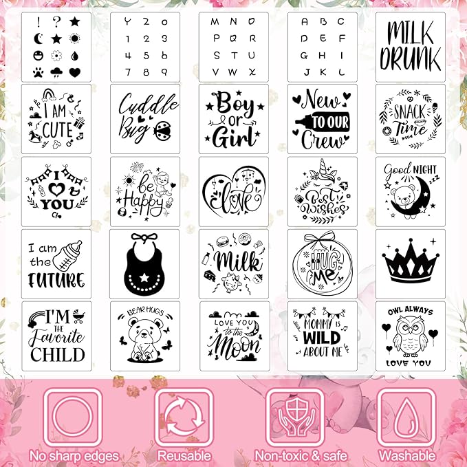 Panitay 126 Pcs Baby Shower DIY Bodysuit Set Bib 25 Blank White Newborn Bodysuit 25 Stencils 24 Marker 1 Sign 50 Pins(Pink Elephant)