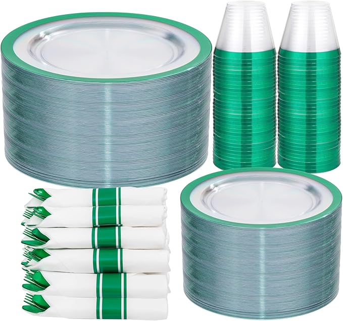 I00000 350 Pcs Green Plastic Plates-Clear Dinnerware Set for Party,Include 100 Dinner and Dessert Plates,50 Plastic Cups 9 OZ,50 Per Rolled Napkins with Cutlery for St. Patrick's Day