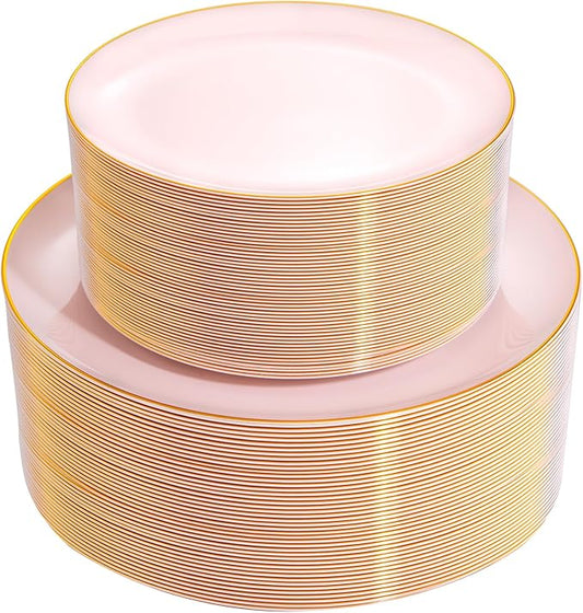 PULOTE 100PCS Pink Plastic Plates - Heavy Duty Pink and Gold Disposable for Party, Wedding, Valentines & Galentines Day, Include 50 Each (Dinner & Dessert) Plates
