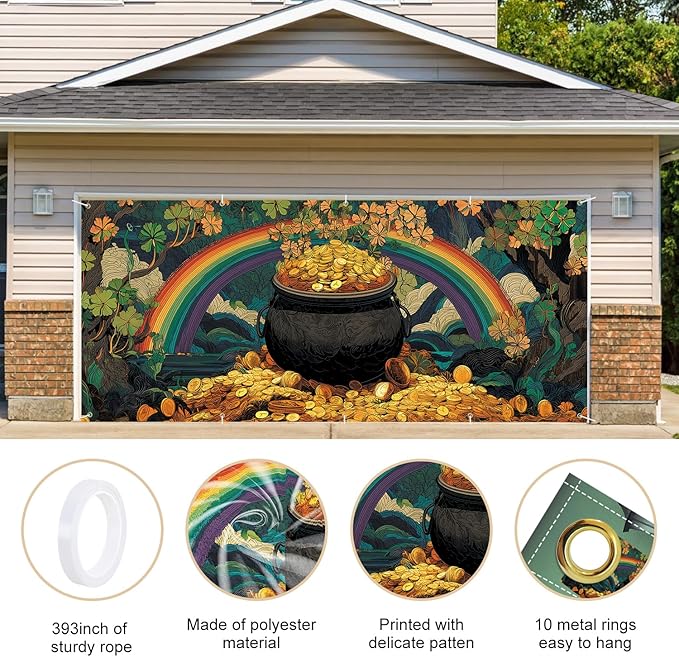 Pot of Gold St. Patrick’s Day Garage Door Banner 7x16FT, Lucky Clover & Rainbow Garage Door Cover, Outdoor Decoration for Yard & Garage on St. Patrick’s Day