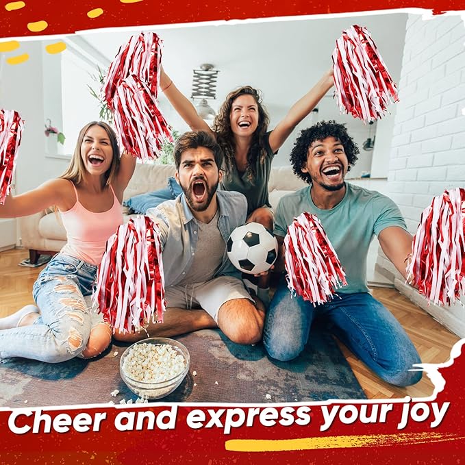 Hanaive 100Pcs Metallic Cheerleading Pom Poms with Baton Handle Cheerleader Pompom Foil 30g Cheering Squad Hand Flowers for Adults Team Spirit Sports Party Cheering