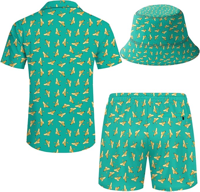 Men's Hawaiian Shirt and Shorts Set 2 Piece Beach Outfits with Bucket Hats for Beach Days and Summer Vibes