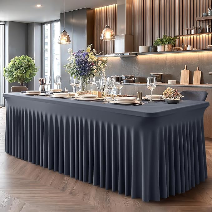 2 Packs Grey Table Clothes for 8 Foot Rectangle Tables, One-Piece Wrinkle Resistant Stretch Spandex Table Covers with Skirt for Event Banquet Wedding Birthday Party