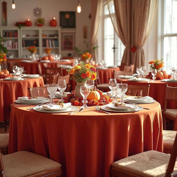 sancua Thanksgiving Round Tablecloth 132 Inch Diameter, 6 Pack Rust Circle Polyester Fabric Fall Table Cloth for Holiday Party Reception, Washable Burnt Orange Table Cover (Fit 54-96 Inch Tables)