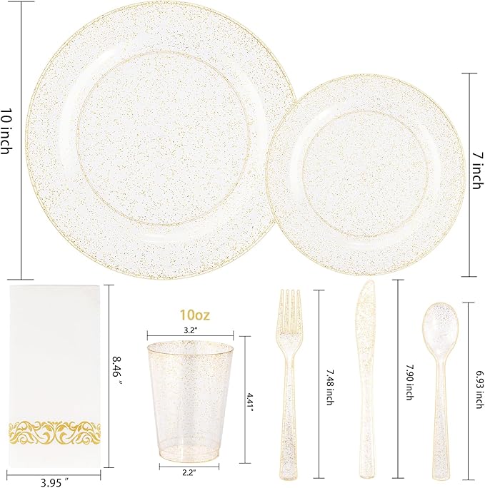 Supernal 400pcs Gold Glitter Plastic Dinnerware, Disposable Plates for Party Include 50 Gold Plastic Plate, 50pcs Dessert Plate 100 Glitter Forks, 50 Disposable Knives and Spoons, 50Cups and Napkins