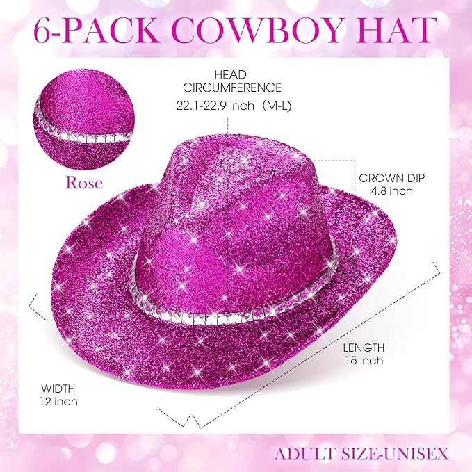 Hercicy 6 Pack Western Cowboy Hats with Rhinestone Tassel Bands Sequin Trim Sparkly Cowgirl Party Hats for Adults Women Men