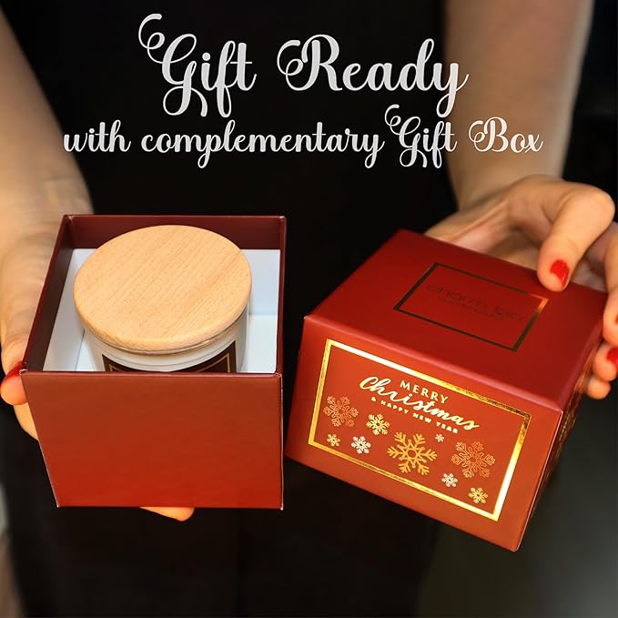 CharmLab Candle – Christmas, 12 oz Glass Jar with Wooden Lid, Wood & Spice Sandal Scent, 40H Burn, Red Snowflake Design, Luxury Gift Box, Elegant Holiday Candle, Christmas Gift & Home Decor