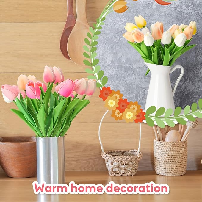 Jexine 100 Pcs Artificial Real Touch Tulips Fake Artificial Tulip Flower Bulk Bouquet with Stem for Table Centerpieces Wedding Bridal Easter Mother's Day Garden Home Decor, 13.4''(Multicolor)