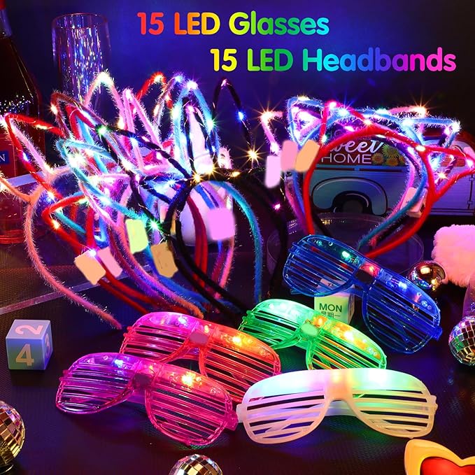 Honoson 15 Pcs LED Light up Glasses 15 Pcs Cat LED Cute Headband Cat Ears Sunglasses Glow in the Dark Party Supplies(short-pile)