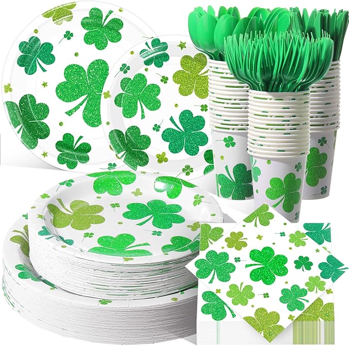 Pickmesh 400 Pcs St. Patrick's Day Party Plates and Napkin Decoration Lucky Shamrock Tableware Cups Knives for Wedding Green Shamrock Themed Irish Festival Party Supplies Serve 50
