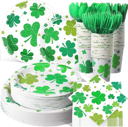 Pickmesh 400 Pcs St. Patrick's Day Party Plates and Napkin Decoration Lucky Shamrock Tableware Cups Knives for Wedding Green Shamrock Themed Irish Festival Party Supplies Serve 50