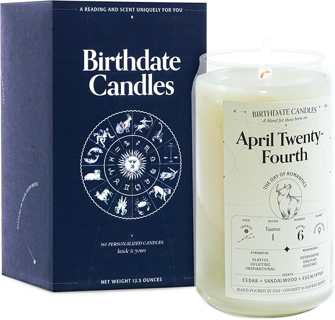 Birthdate Candles, April 24 - Taurus Zodiac Scented Candles Birthday Gift - Cedar, Sandalwood & Eucalyptus Scent - All-Natural Soy & Coconut Wax, 60-80 Hour Burn Time - Made in USA
