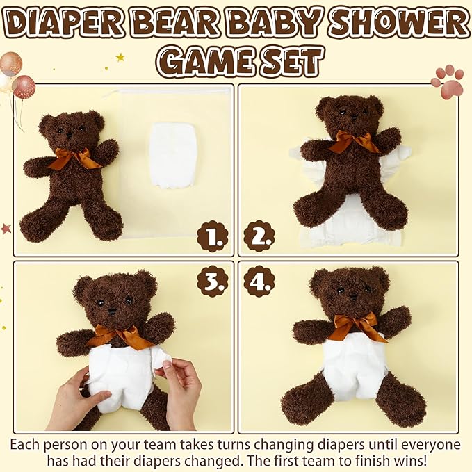 6 Sets Bear Blindfolded Diaper Changing Baby Shower Games Baby Dolls Diapers for Bridal Shower Gender Reveal Games Prizes Gifts for Adults Boys Girls (Chocolate)