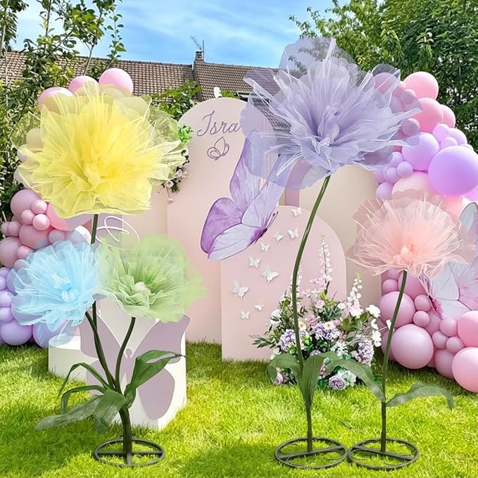 Leinuosen 5 Pcs Giant Flowers Decoration Large Organza Flowers with Stand Huge Poppy for Spring Tea Bridal Shower Wedding Birthday Party Entrance Decor Corporate Event Photography Booth Indoor Outdoor