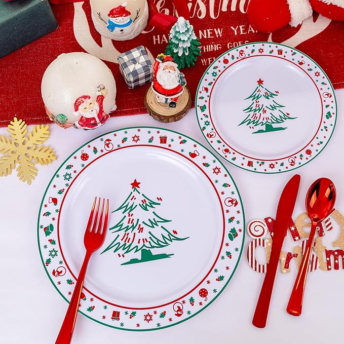 LIYH 150 Pcs Plastic Christmas Plates Disposable Christmas Dinnerware Set, Red Plastic Silverware,Cups Perfect 25 Guests