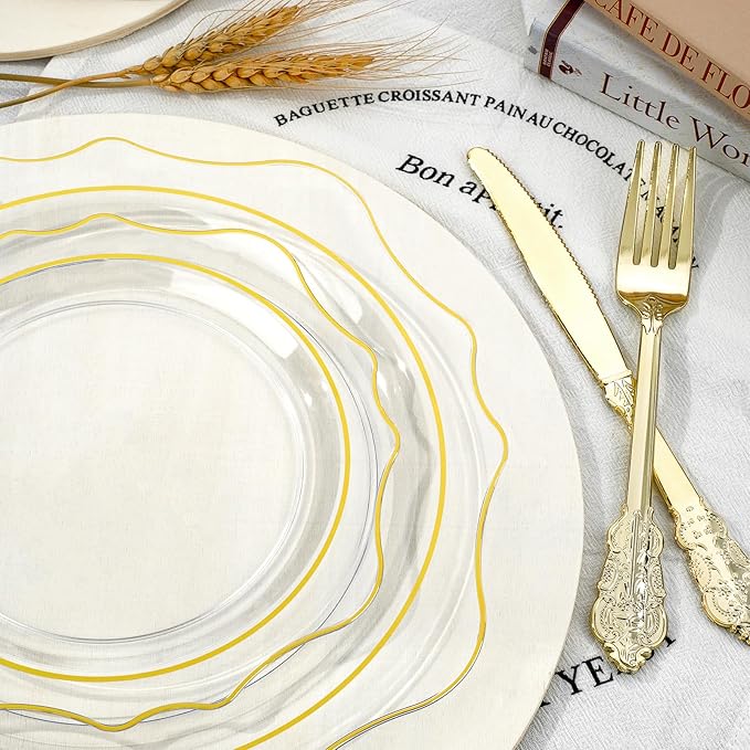 350 PCS Clear and Gold Plastic Plates, Gold Disposable Plates for 50 Guests, Includes 100 Disposable Plates, 50 Cups, 150 Silverwares, and 50 Napkins for Party, Graduation and Wedding