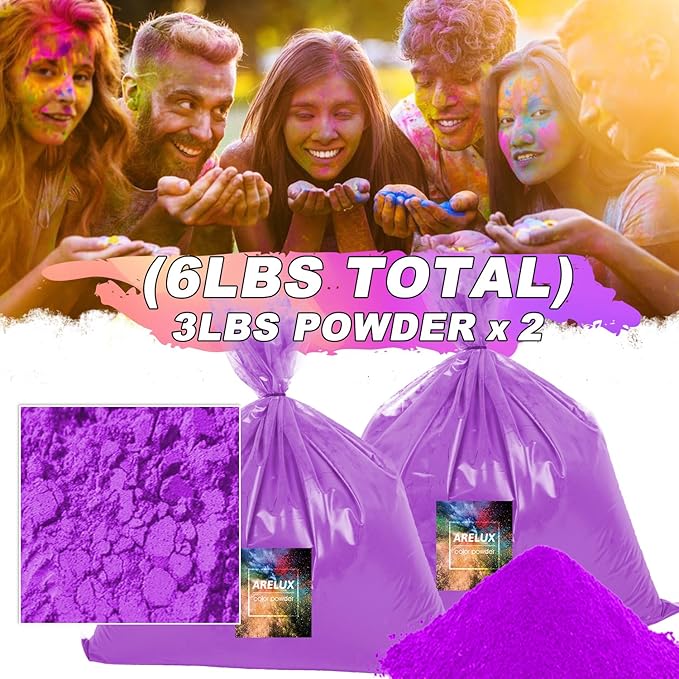 ARELUX Bright Purple Color Powder - 6lbs Bulk (2x3lb) for Color Wars, Powder War & Fun Events | Durable Individual Packets, Vibrant Holi Powder for Gender Reveal, Run, Rangoli, Parties | Non-Toxic