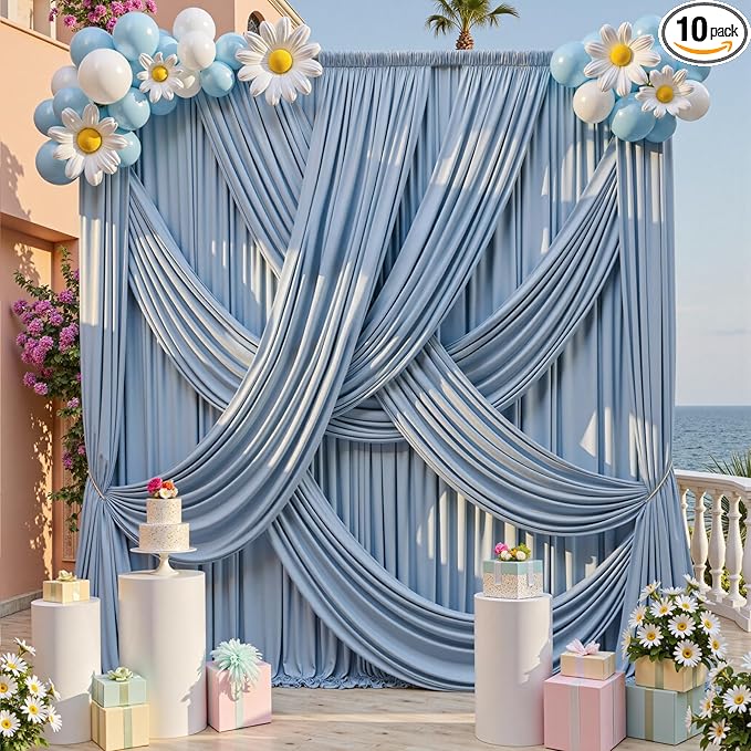 gogoparti 50x12ft Dusty Blue Backdrop Curtain for Wedding Parties, 10 Panels (5x12 ft Each) Wrinkle-Free Dackdrop Curtains, Silky Draping Fabric for Birthday Party, Baby Shower, Photo Background