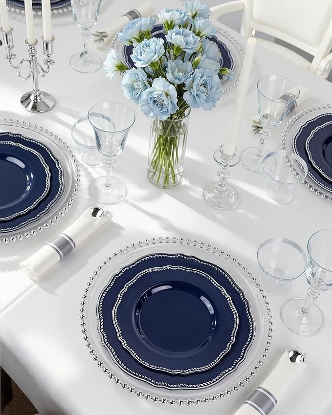 Hioasis 175pcs Blue Silver Plastic Plates - Silver Plastic Dinnerware Set Includes 25 Dinner Plates, 25 Dessert Dinnerware, 25 Cups, 25 Napkins Perfect for Wedding & Party