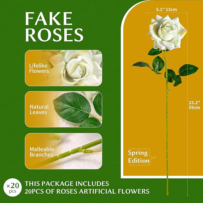 Artificial Flowers Artificial Roses Fake Roses 23.2In Long Stem Artificial Flowers for Tall Vase Silk Rose Suitable for Wedding Party Decor Valentine's Day DIY Bouquet Spring 20PCS (Green)