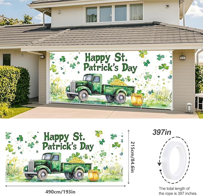 St. Patrick’s Day Garage Door Banner 7x16FT, Green Truck & Shamrocks Garage Door Cover, Festive Outdoor Decoration for St. Patrick’s Day Parties and Yard