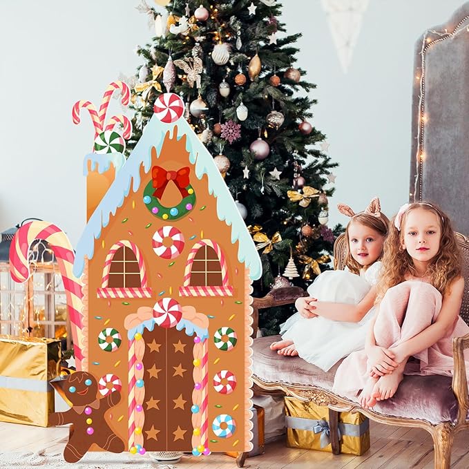 Teling Gingerbread House Photo Booth Props 43.3 x 37.4 Inch Christmas Background Decoration Gingerbread House Backdrop for Winter Merry Xmas Backdrop Indoor Outdoor Winter Holiday Party Supply
