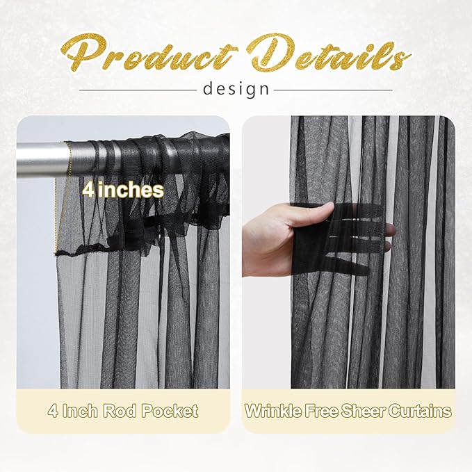 20x10ft Black Tulle Backdrop Curtain with Lights String for Parites, Sheer Photo Backdrop Curtains with Lights for Wedding Backdrop Ceremony Reception Bridal Shower Baby Shower Birthday Party