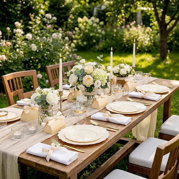 supernal 100pcs Ivory Plastic Plates Fancy Disposable Scalloped Plates for Party Heavy Duty for Party,Wedding,Brthdays Bridal Shower Plate Include 50 Plastic Dinner & Dessert Plate