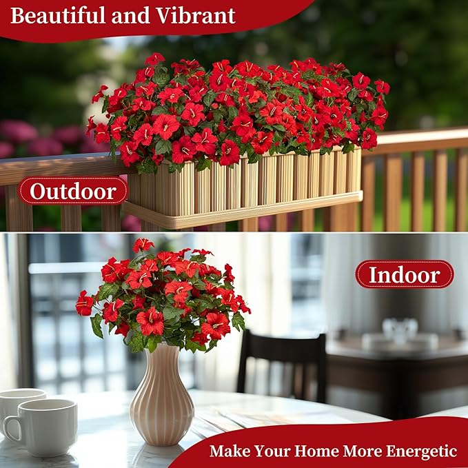 19 Inch Artificial Fake Flowers for Outdoor,4 Pcs Faux Silk Petunias Spring Flowers for Outside for Indoor Porch Planter Front Door Garden Patio Window Box Home Decor(Red)