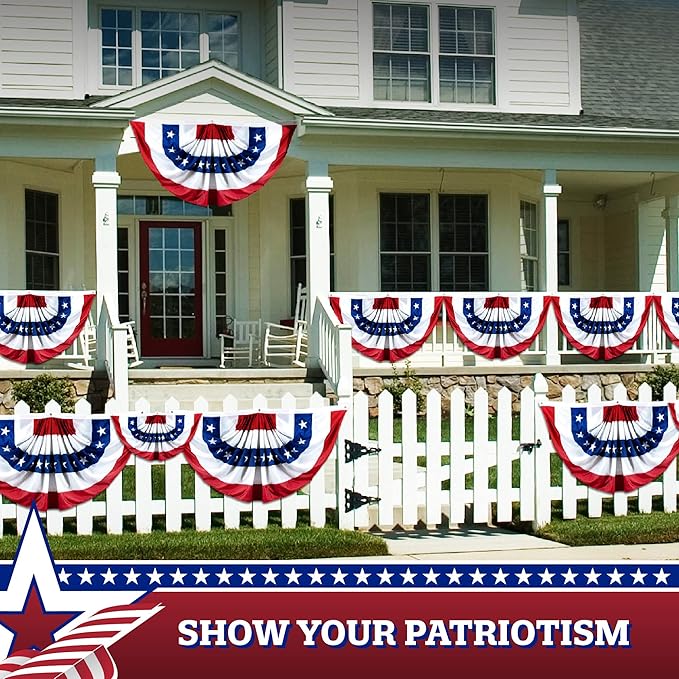 G128 – 3 Pack: USA Pleated Fan Flag 1.5x3 Feet American USA Bunting Decoration Flags EMBROIDERED Patriotic Stars & Sewn Stripes Canvas Header and Brass Grommets