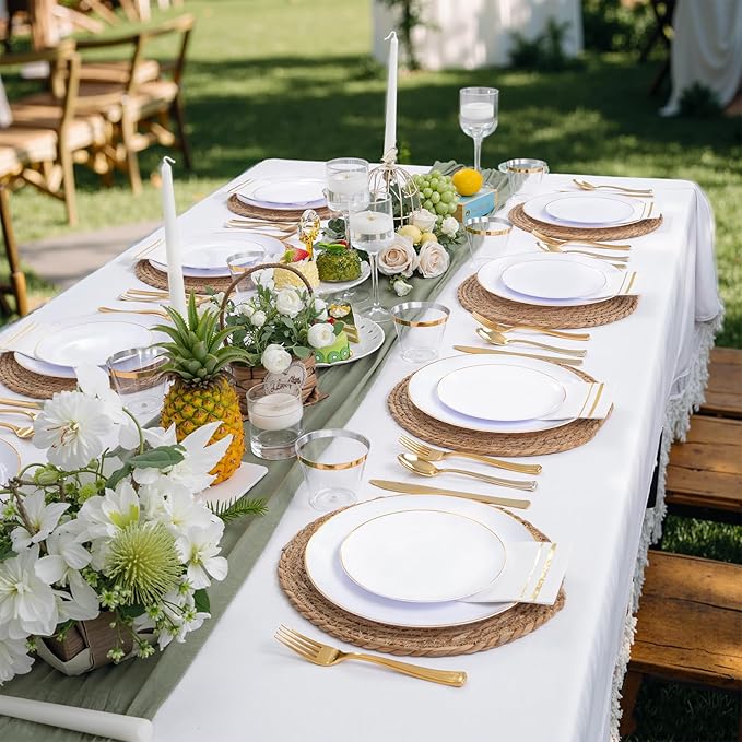Festiva 176Pcs White and Gold Plastic Plates - White with Gold Rim Fall Dinnerware Set - 25Guest include Plates Cups Cutlery Napkins for Birthday Party&Wedding& Easter