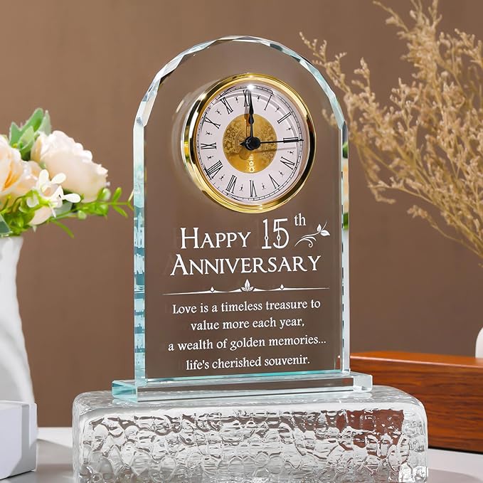 YWHL 15 Year Anniversary Quartz Clock Gifts for Her Him, Happy 15th Anniversary Clock Gifts for Couples, Romantic Presents for 15th Marriage Party