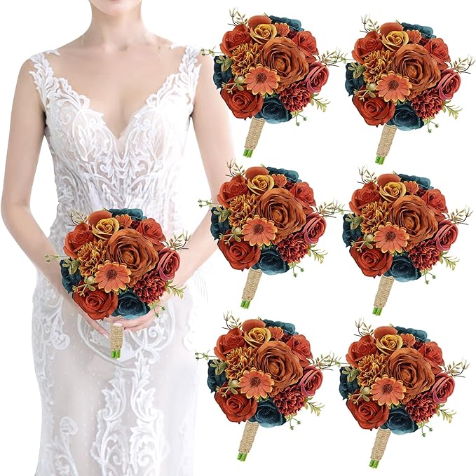 Set of 6 Bridesmaids Bouquets for Wedding - 7 inch Artificial Flower Bridesmaid Bouquet Silk Rose Small Floral Bouquet for Bridesmaids Fall Wedding Bridal Shower Marriage Proposal Party Ceremony Decor