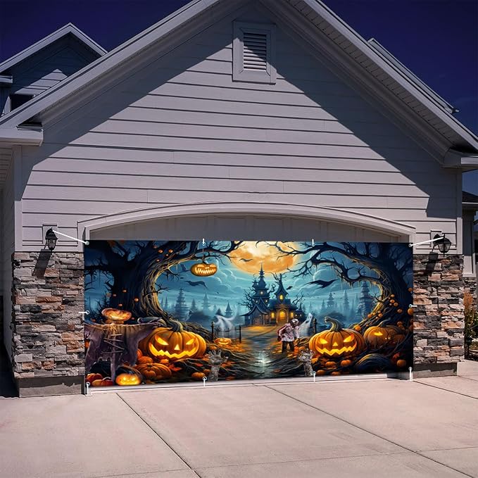 7x16 FT Garage Door Banner - Scary Night Full Moon Halloween Decorations - Large Castle Pumpkins Banner Backdrop