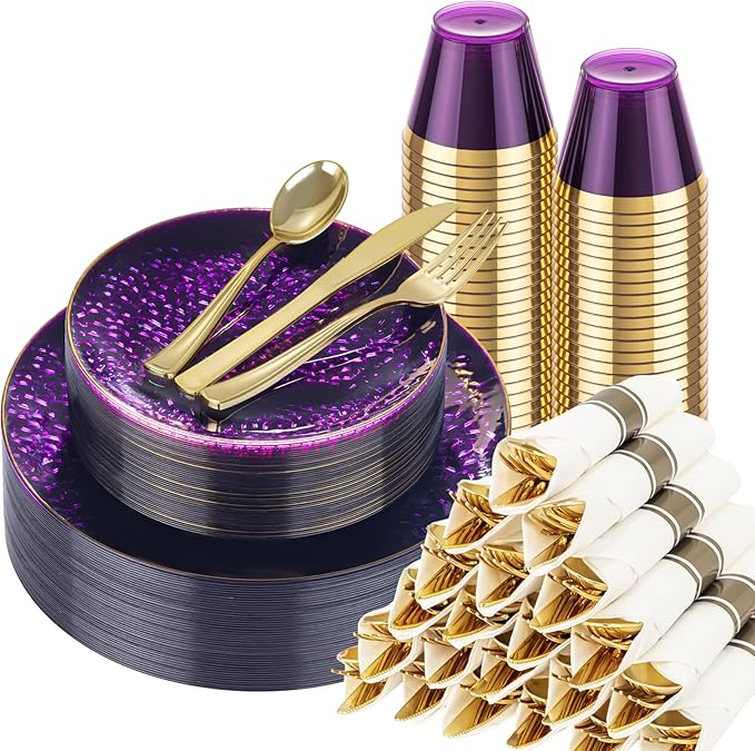 Hioasis 175pcs Purple Gold Plastic Plates - Purple Gold Dinnerware Set Includes 25 Dinner Plate, 25 Dessert Plate, 25 Cups, 25 Napkins Perfect for Wedding & Party