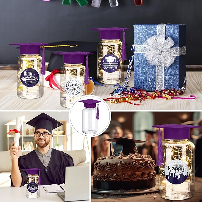 Boao 16 Sets Graduation Table Decoration Set with LED Light up Graduation Decorations for Class of 2026, Grad Jar, Felt Grad Hat and Stickers for High School College(Purple)