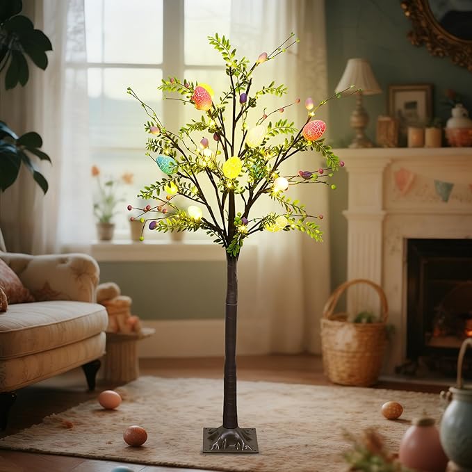 DR.DUDU 4FT Lighted Easter Tree with Timer, Pre-Lit Artificial Egg Trees with Colorful Eggs & LED Lights, Easter Decorations for Home Indoor Outdoor, Spring Decor for Porch, Office