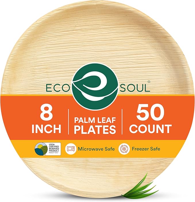 ECO SOUL Palm Leaf Plates 8"(50 Count) Round Compostable Bamboo Plates Heavy- Duty, Biodegradable Eco-Friendly Dinnerware for Christmas Party Dinner, Wedding, Holiday & Event
