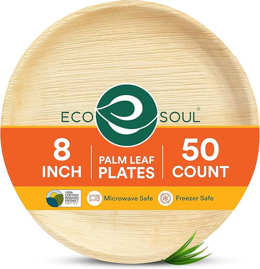 ECO SOUL Palm Leaf Plates 8"(50 Count) Round Compostable Bamboo Plates Heavy- Duty, Biodegradable Eco-Friendly Dinnerware for Christmas Party Dinner, Wedding, Holiday & Event