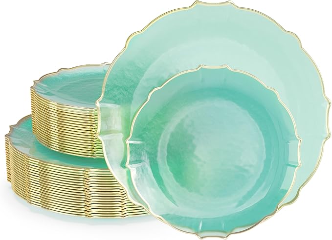 Exquisite Tinted Plates 80 Piece Plastic Disposable Plates for Party Set For 40 Guests 40 X 7.5 Dessert Plates & 40 X 10 Thin Delicate Fancy Plastic Plates Disposable Dinnerware Mint Gold Rim