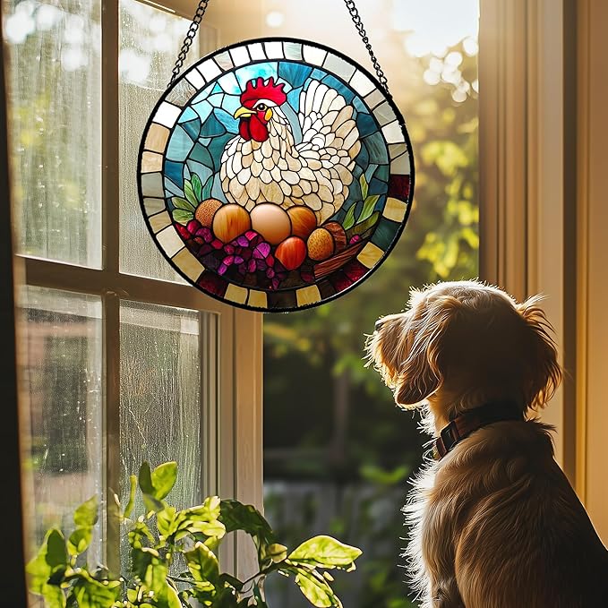 Stained Glass Window Hanging White Chicken Hatching Eggs Large 15" - Suncatcher Door Garden Sunroom Sun Catcher Home Decor Birthday Christmas for Mom Men Woman Nana