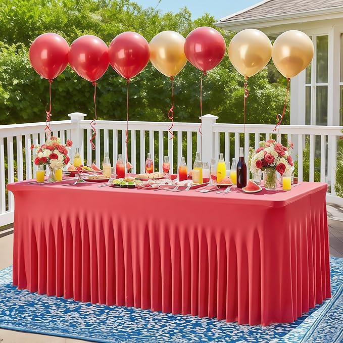 Wish Care 2 Pack Red Spandex Table Clothes for 6 Foot Rectangle Tables, 6FT Wrinkle Free Fitted Tablecloths Ruffles Design Table Cover for Party, Banquet, Wedding and Events