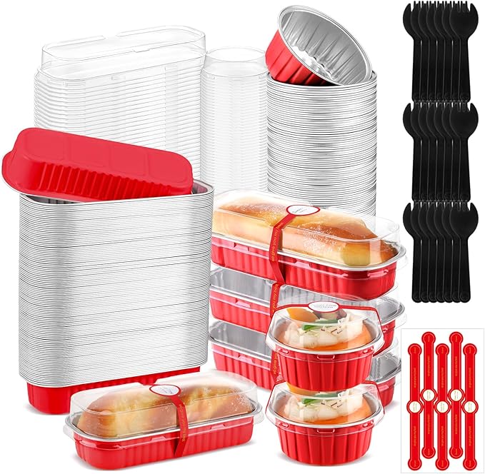 600 Pcs Valentine's Day Red Mini Loaf Pans with Lids and Spoons Sealing Stickers 6.8oz Disposable Aluminum Foil Muffin Baking Pans 5oz Cupcake Cups Cake Containers for Valentines Holidays Party